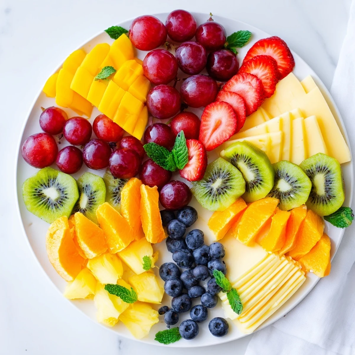 A vibrant Kaleidoscope Circle appetizer platter with colorful fruit and artisan cheeses.