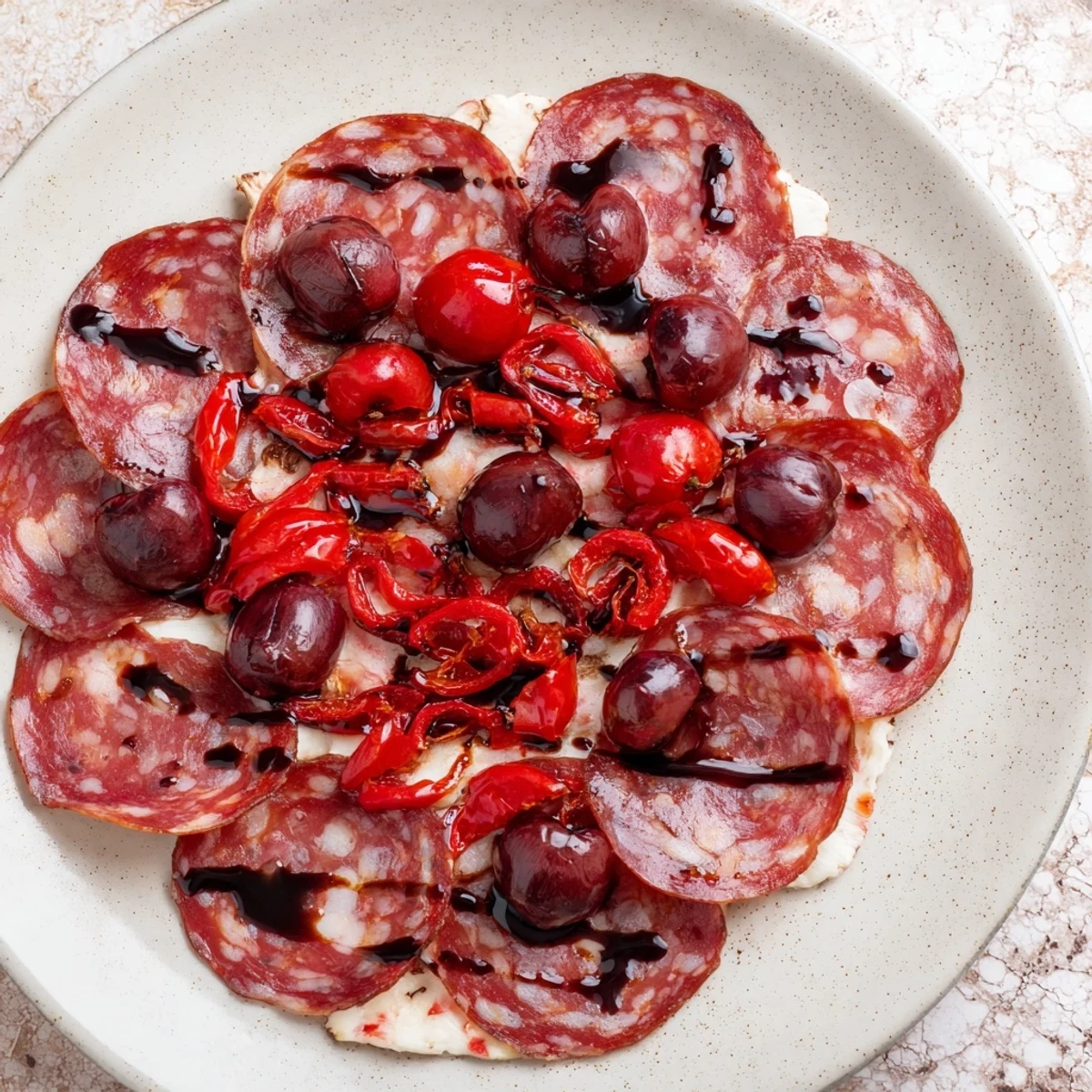 Aperitif «The Crimson Tide» mit scharfer Chorizo, süßen Kirschen und Paprika auf Crackern.