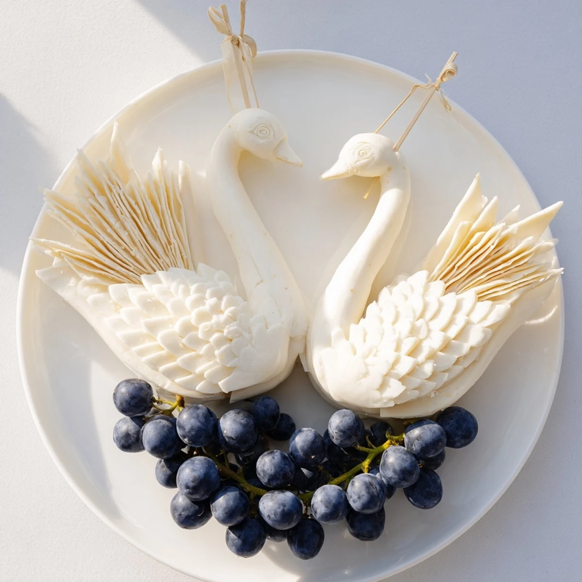 Beautiful Elegant Swan Lake Board, featuring graceful cheese swans amid a sea of fresh grapes.