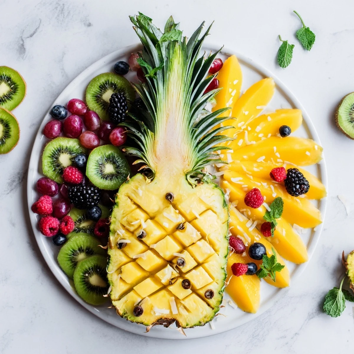 Bright and colorful Tropical Pineapple Paradise fruit platter ready to eat for a refreshing treat.