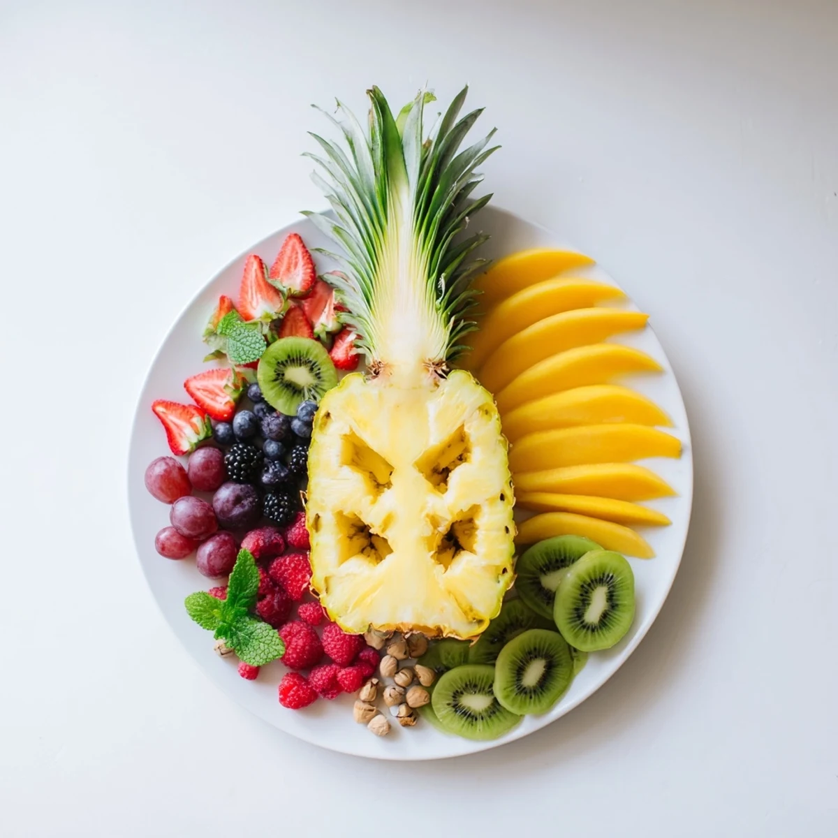 A close-up of a stunning Tropical Pineapple Paradise arrangement with various fresh fruit slices.