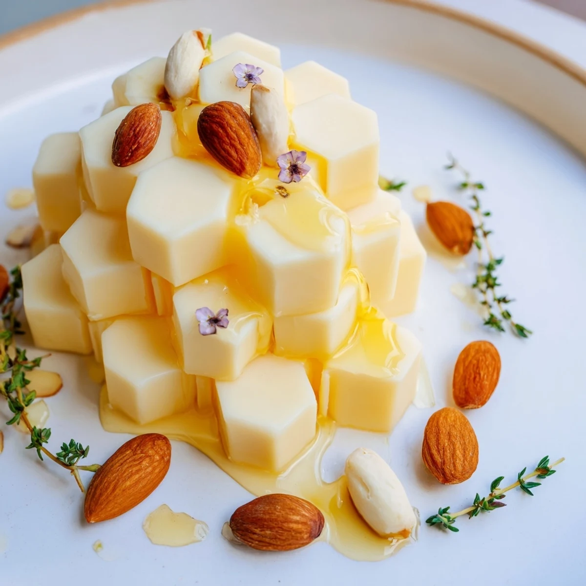 Arranging the Honeycomb Hexagon Maze appetizer: cheeses and nuts creating an elegant, edible geometric masterpiece.