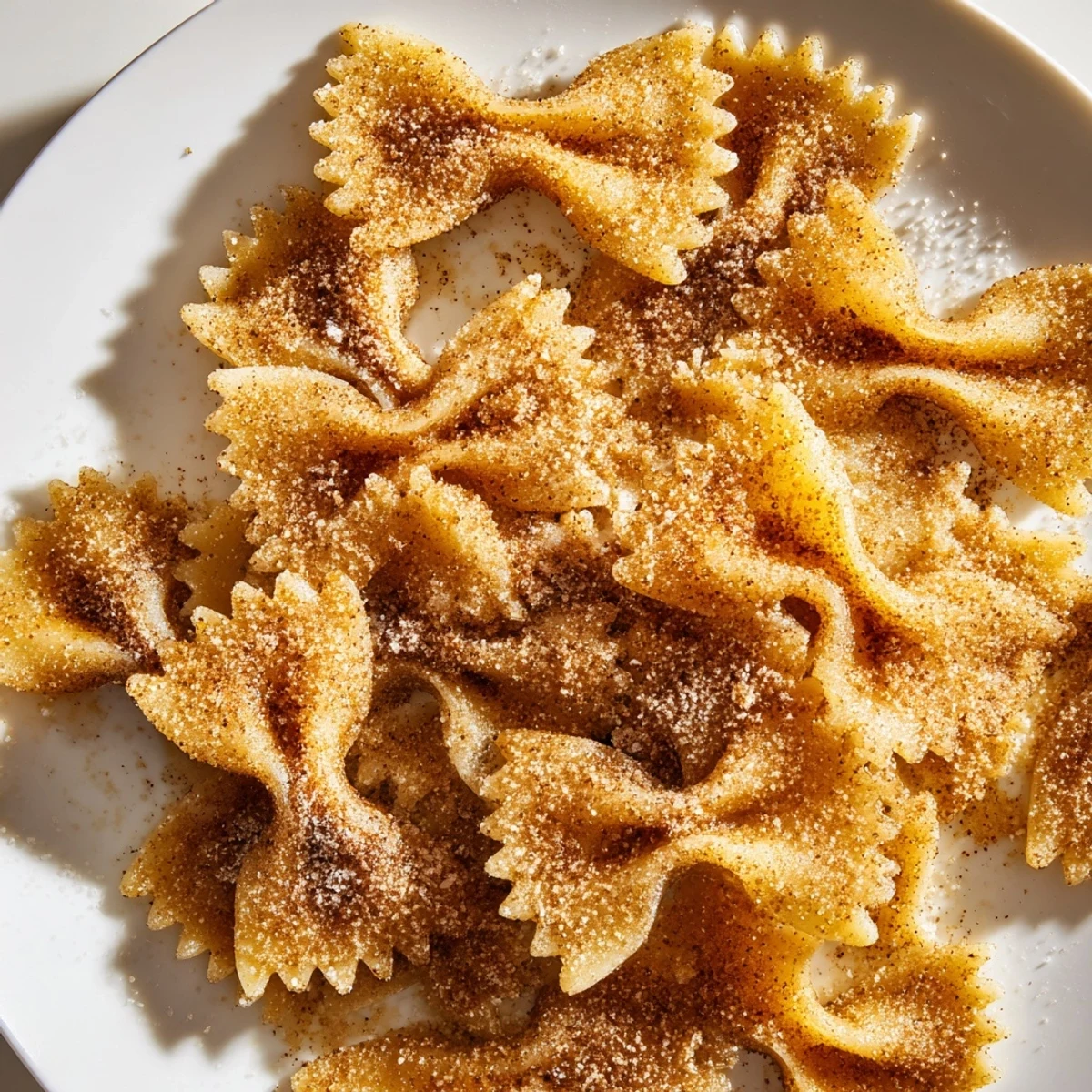 Knusprige Air Fryer Pasta Christmas Crack, goldbraun, überzogen mit Zimt und Zucker.