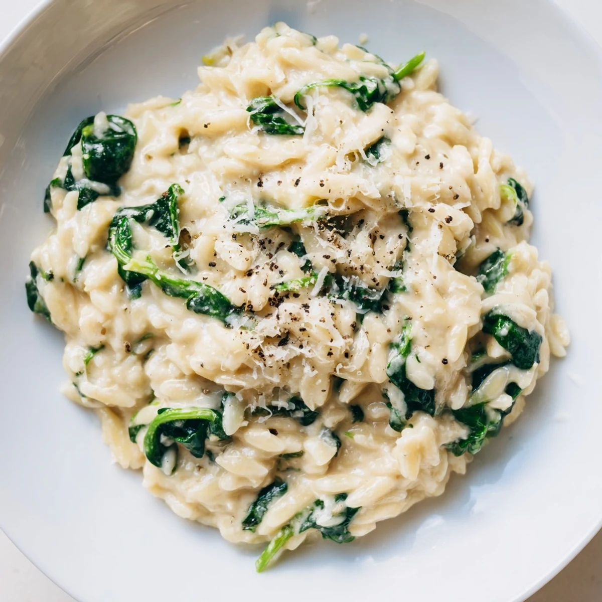 Here are the three ALT texts for the "Creamy Spinach Orzo" recipe: