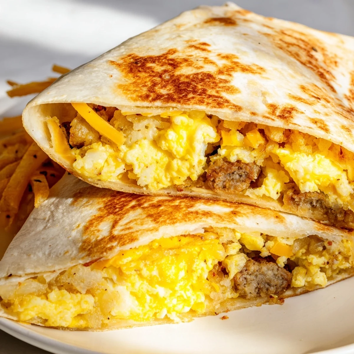 Scrumptious Breakfast Crunchwrap Hack overflowing with eggs, crispy hash browns, and savory bacon for breakfast.
