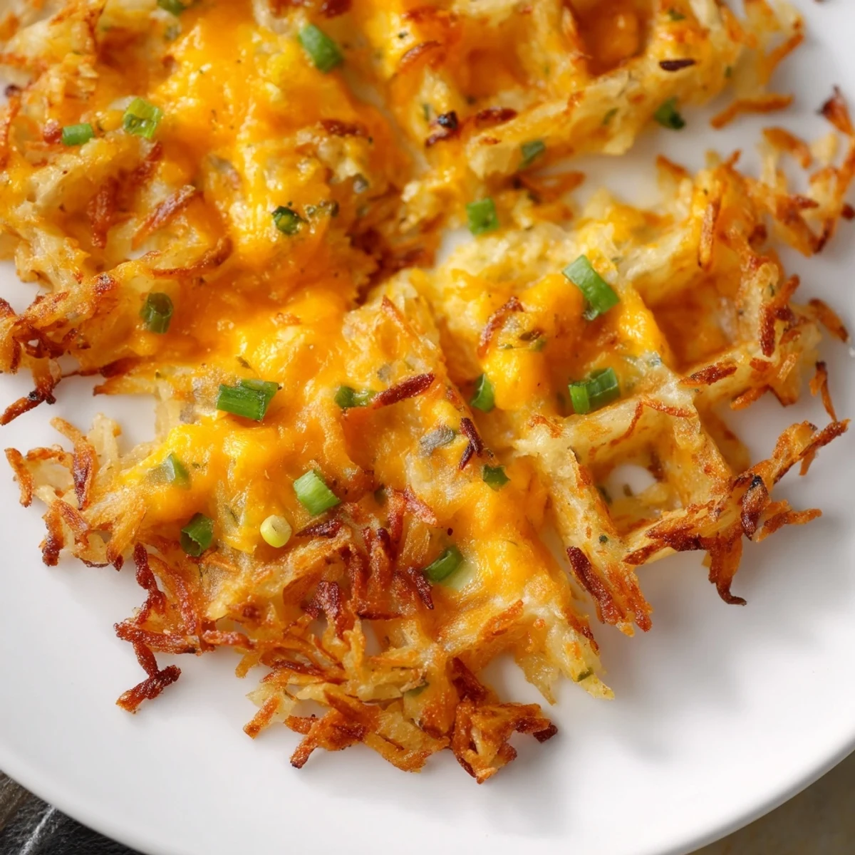Knusprige, goldbraune cheesy Hash Brown Waffles, serviert mit frischen Kräutern und Sour Cream.