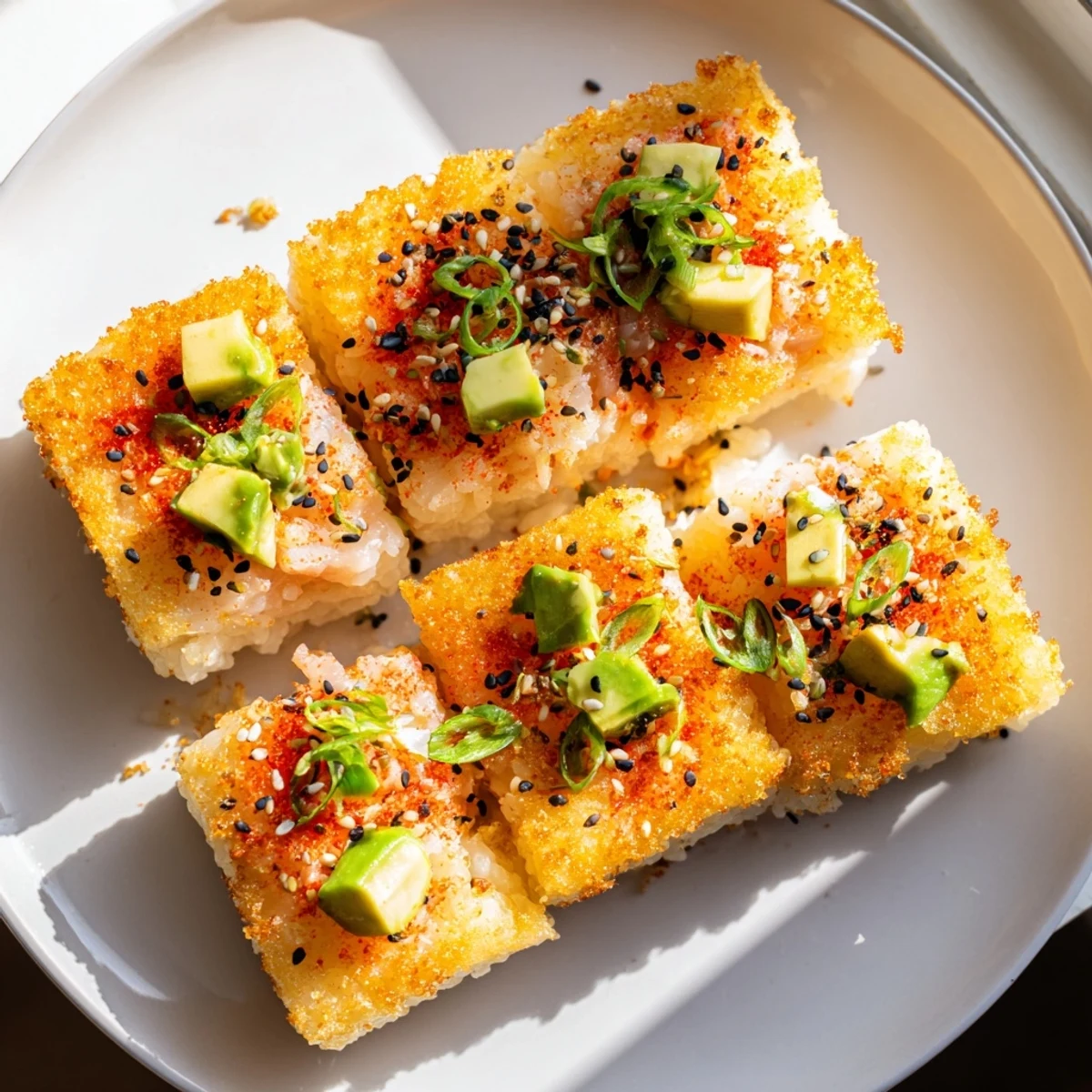 Close-up of fried spicy tuna crispy rice, a flavorful appetizer perfect for sharing with friends.