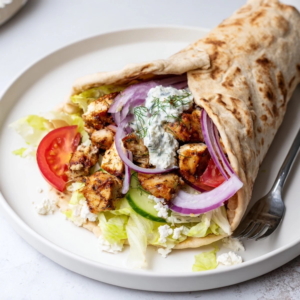 Marinated Greek chicken souvlaki wraps filled with fresh vegetables and creamy tzatziki – a delightful meal.