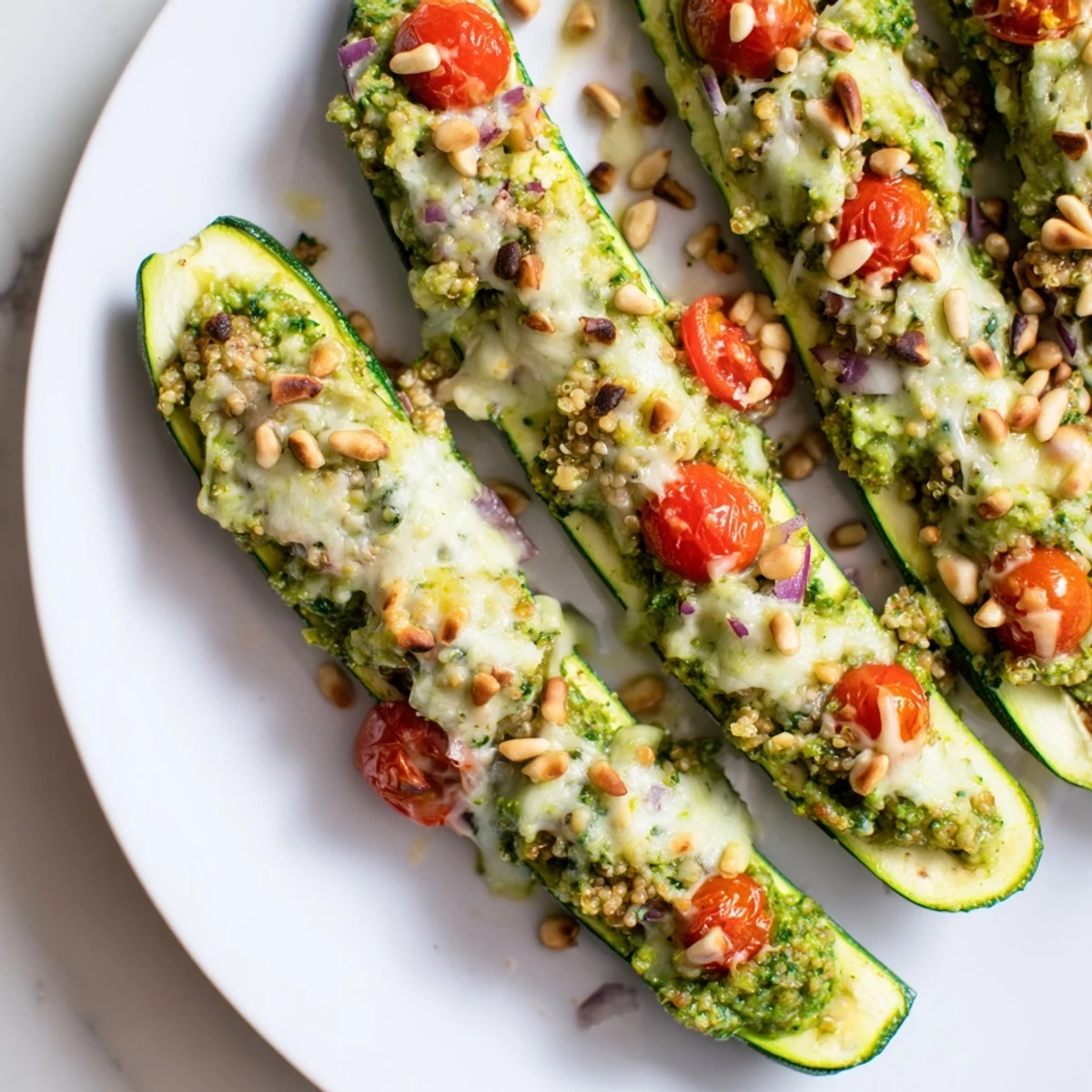A baked image of cheesy pesto zucchini boats filled with vibrant vegetables, ready to enjoy.