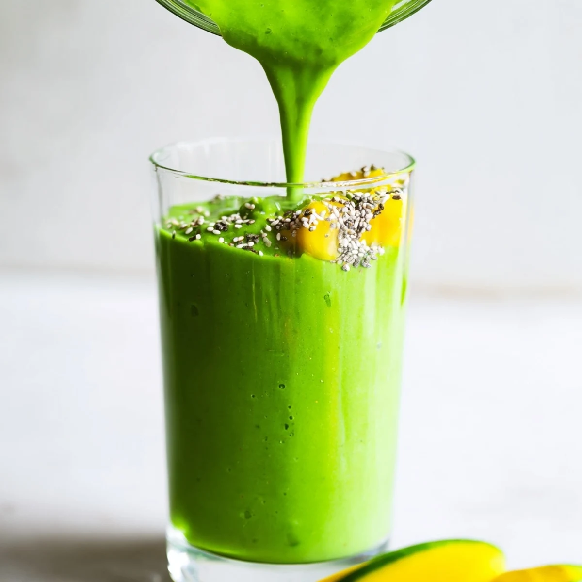 Cremiger Spinach Avocado Smoothie, frisch zubereitet, mit leuchtendem Grün und serviert in einem Glas.