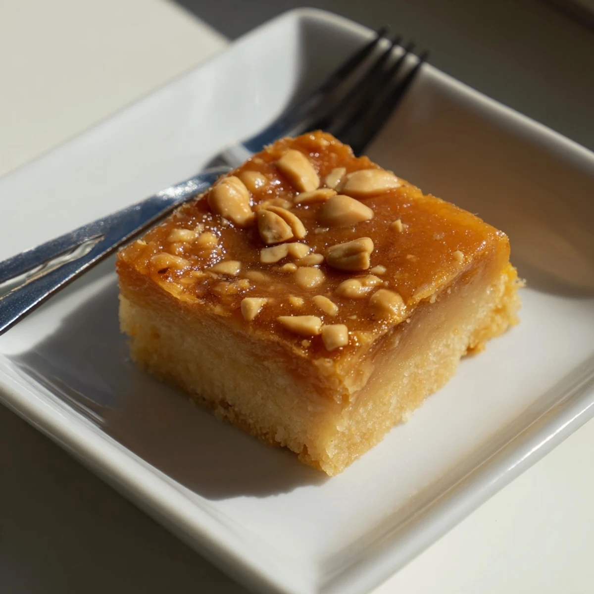 Creamy slices of Peanut Butter Mochi Cake, a gluten-free dessert delight, ready to be enjoyed.
