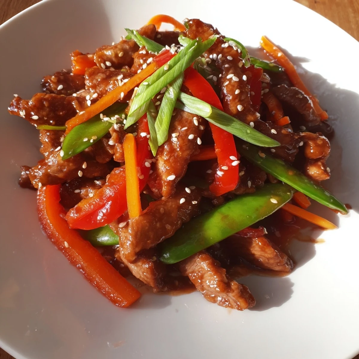 Tender Sweet Teriyaki Pork Stir-Fry with glistening sauce and steamed rice, a complete meal.