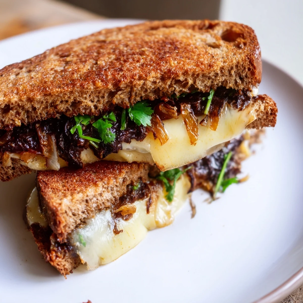 Golden, gooey Black Bean Grilled Cheese sandwich ready to be sliced, filled with seasoned black beans.