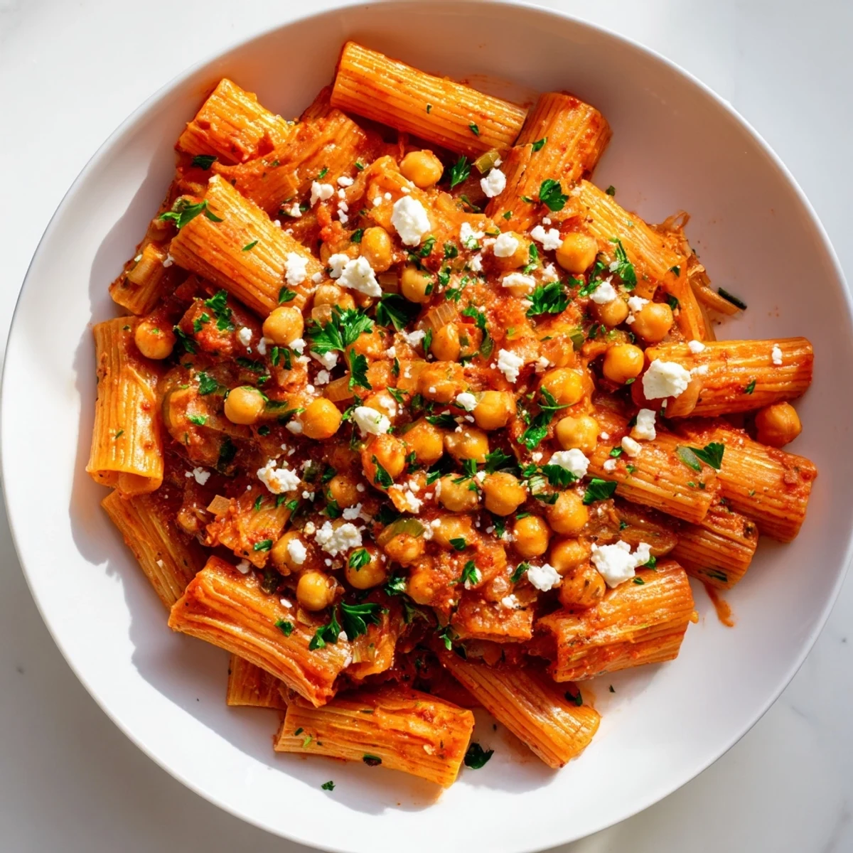 Here are the three ALT texts for the "Harissa Chickpea Pasta" recipe: