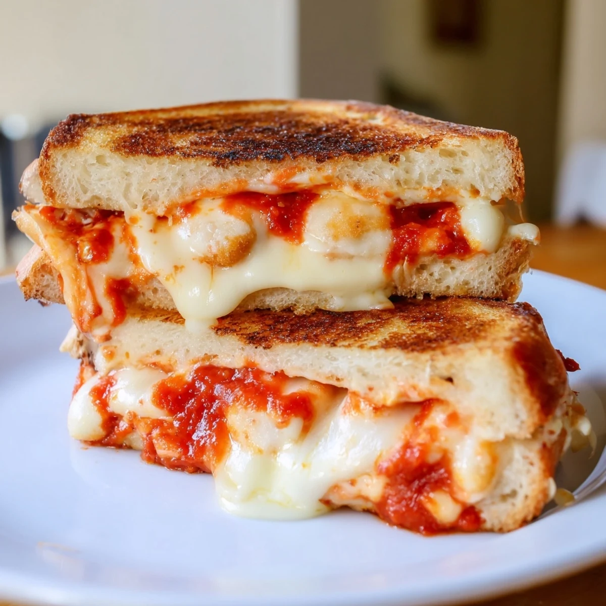 Warm, melty mozzarella stick grilled cheese, oozing marinara, perfect for a cozy, satisfying lunch.