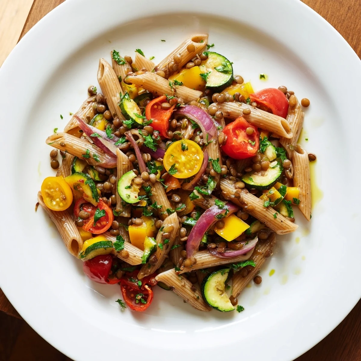 Golden-hued Lentil Pasta with Vegetables, brimming with roasted bell peppers, ready to serve with Parmesan.