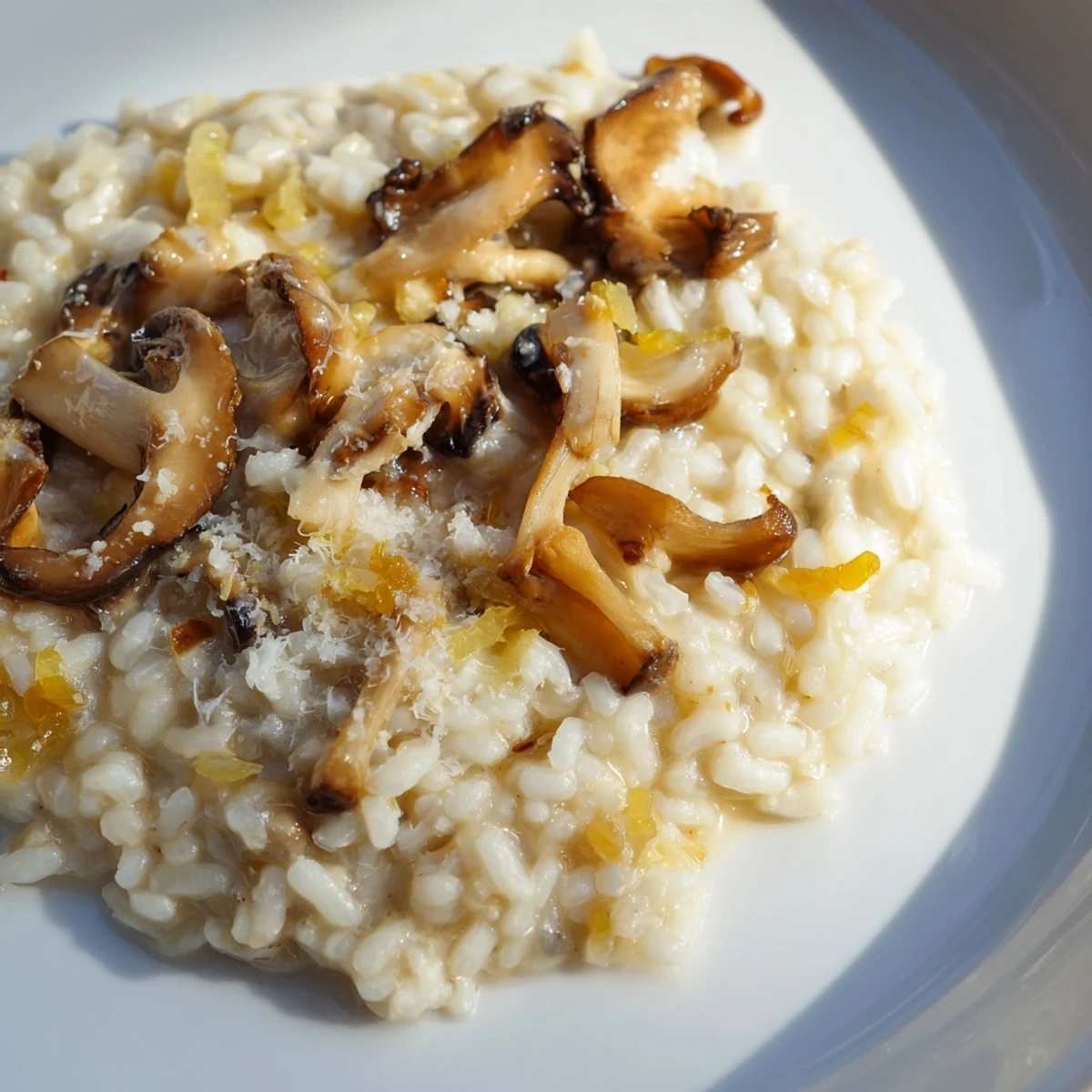 Warm bowl of risotto with mushrooms, ready to serve with Parmesan cheese and parsley.