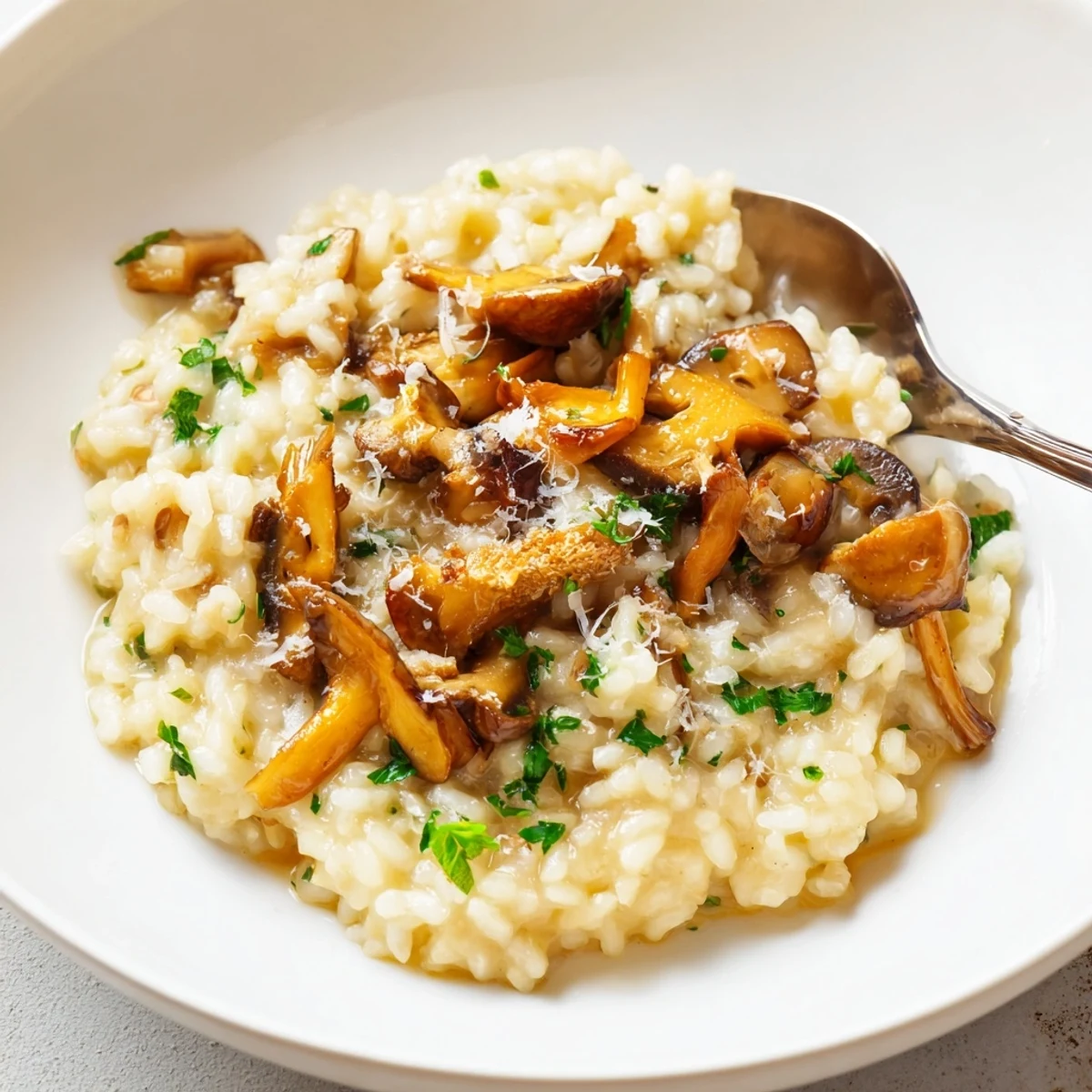 Creamy mushroom risotto, a close-up showing the rich, inviting texture of the Italian rice.