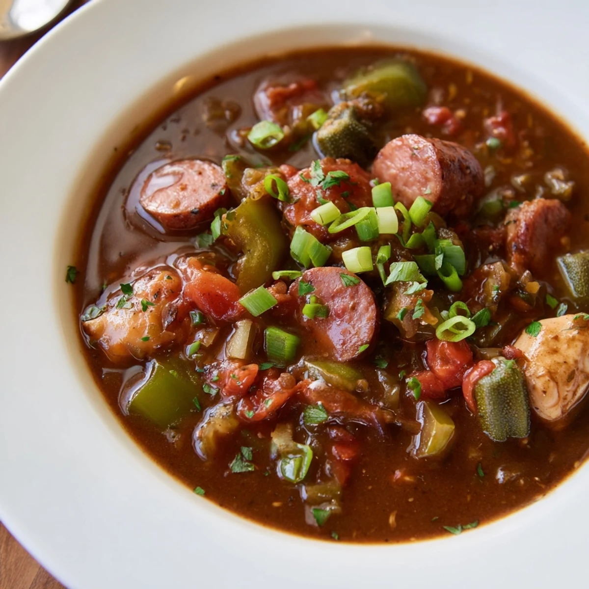 Steaming bowl of Gumbo Okra Soup, a Louisiana classic, served atop fluffy white rice.