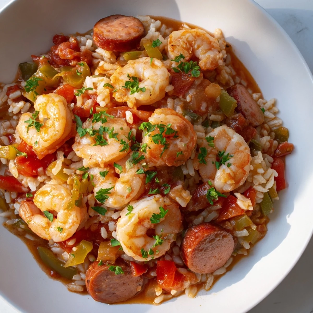 Steaming Jambalaya Skillet with shrimp, sausage, and vegetables, a flavorful one-pot Creole dish.