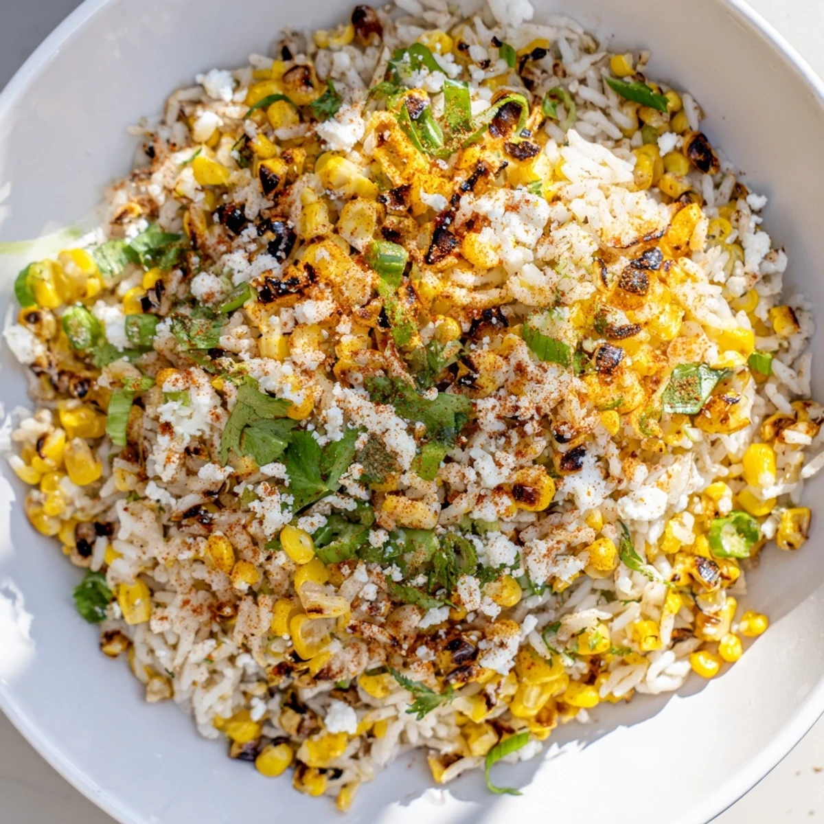 Fluffy Mexican street corn rice with charred corn, cotija, and fresh cilantro, a flavorful side.