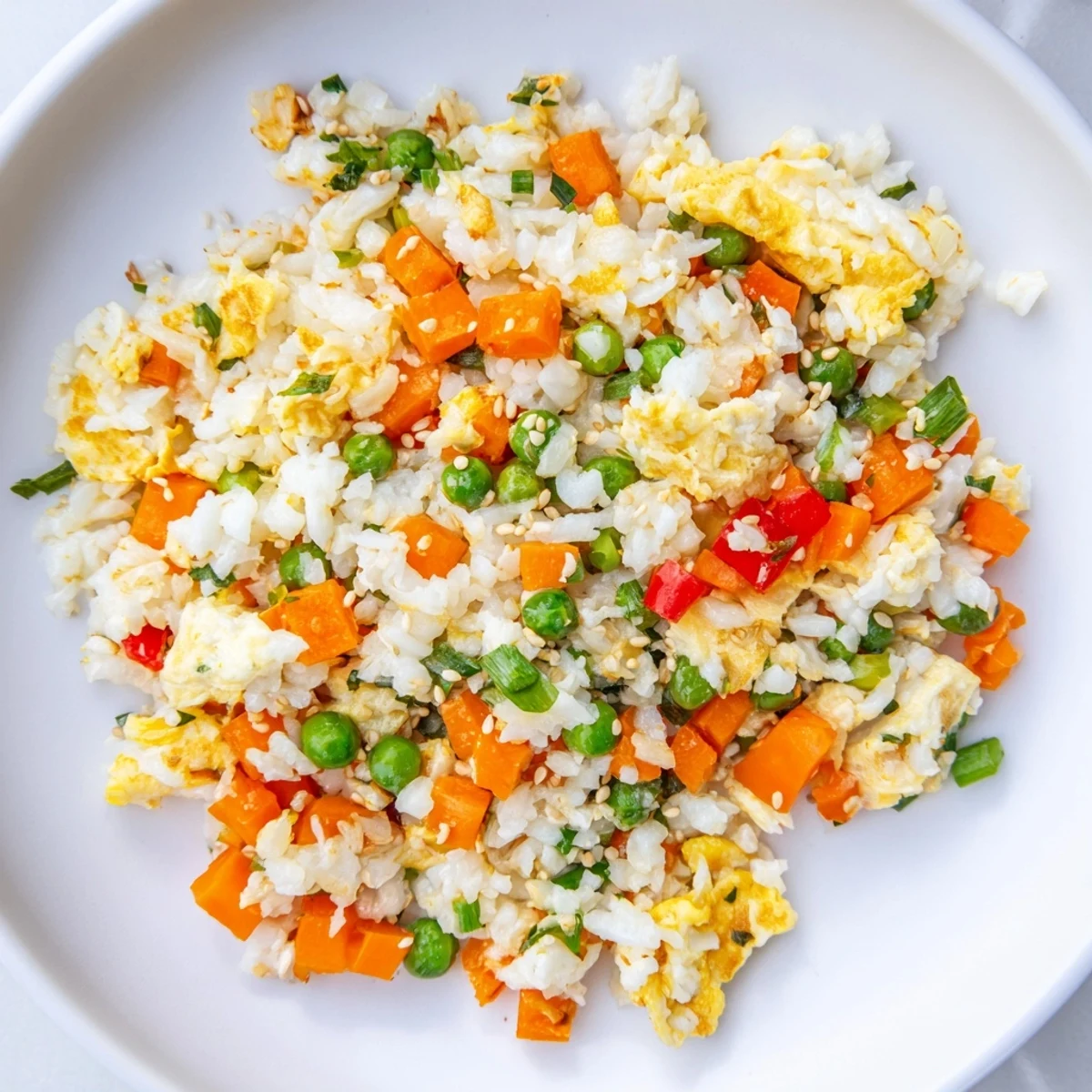 Savory soy-sauce-infused egg fried rice, garnished with green onions, ready to be served hot.