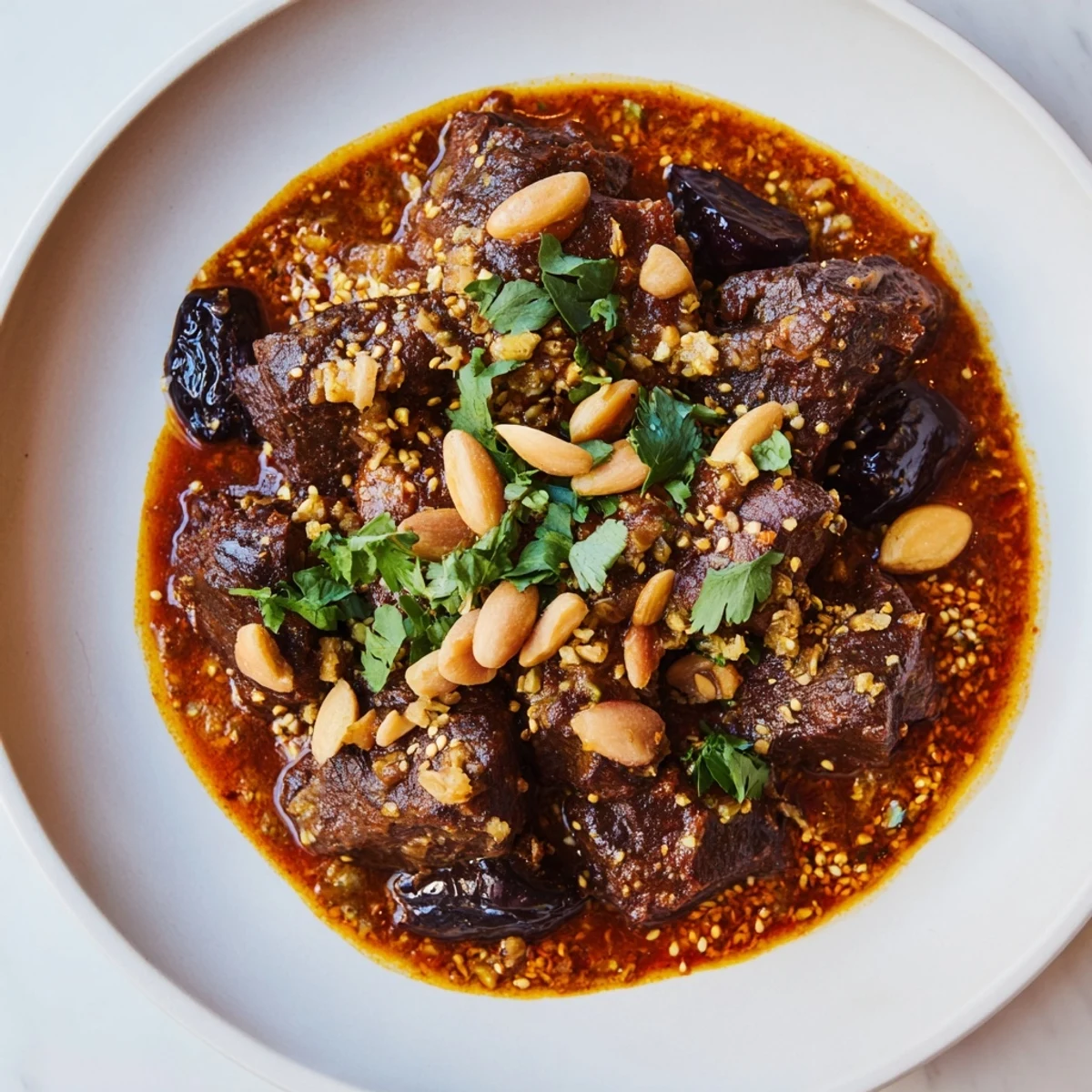 Aromatic Moroccan lamb tagine with prunes and almonds, perfect for a cozy, flavorful meal.