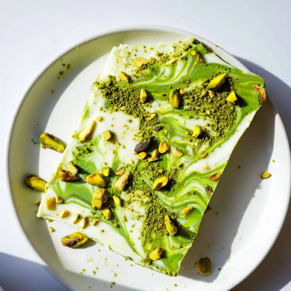 Creamy white chocolate Pistachio Matcha bark recipe, swirled with green matcha and covered in crunchy pistachios.