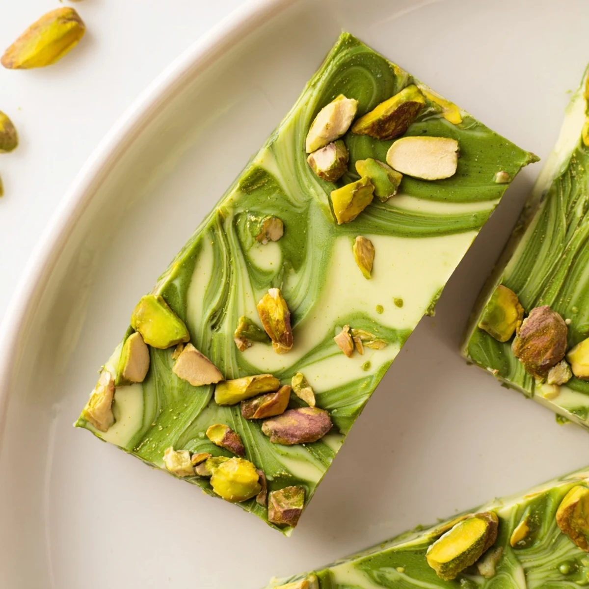 Close up of beautiful Pistachio Matcha White Chocolate bark, a decadent dessert treat with a perfect snap.