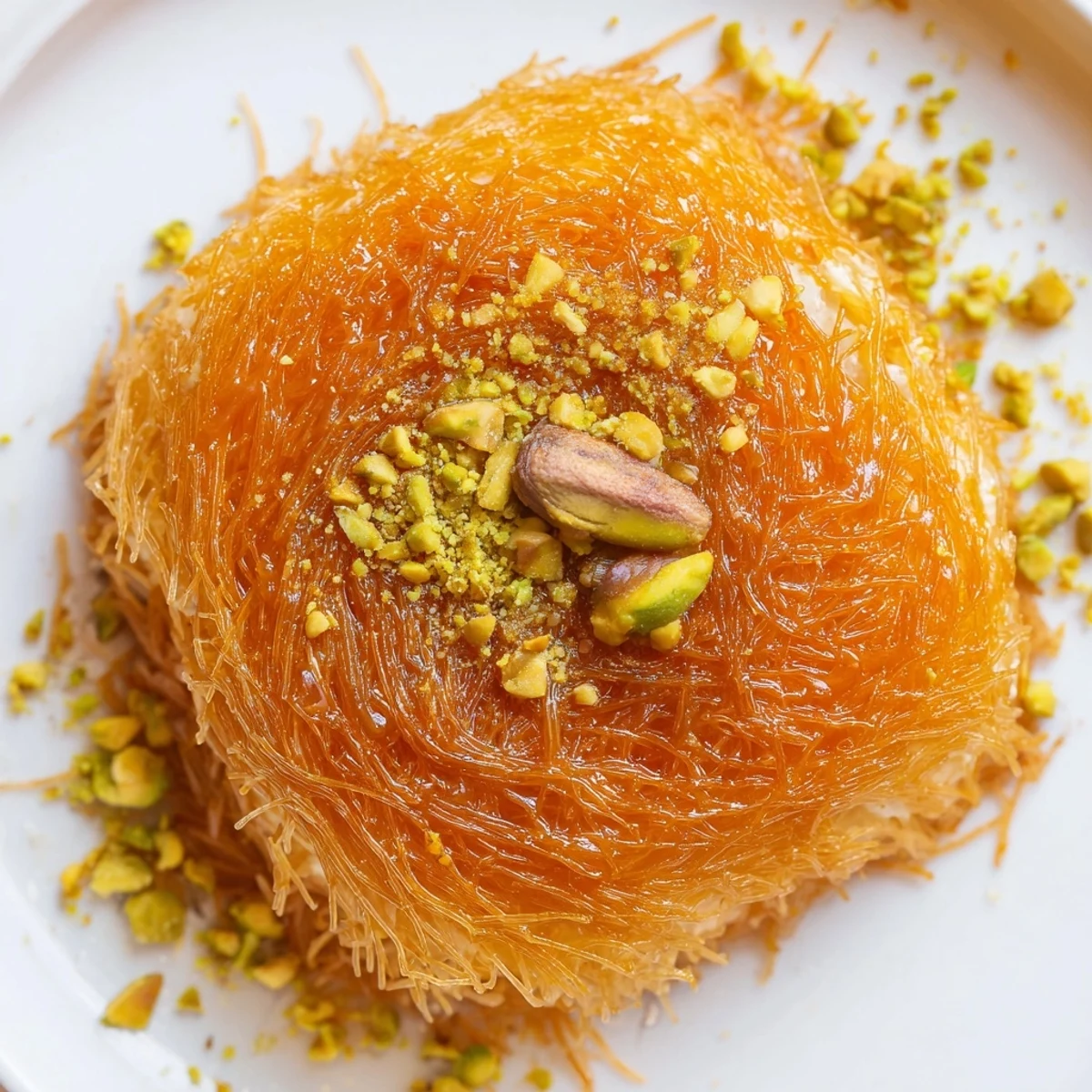A close-up of a warm Lebanese Knafeh, showing the melted cheese and crispy shredded phyllo pastry.