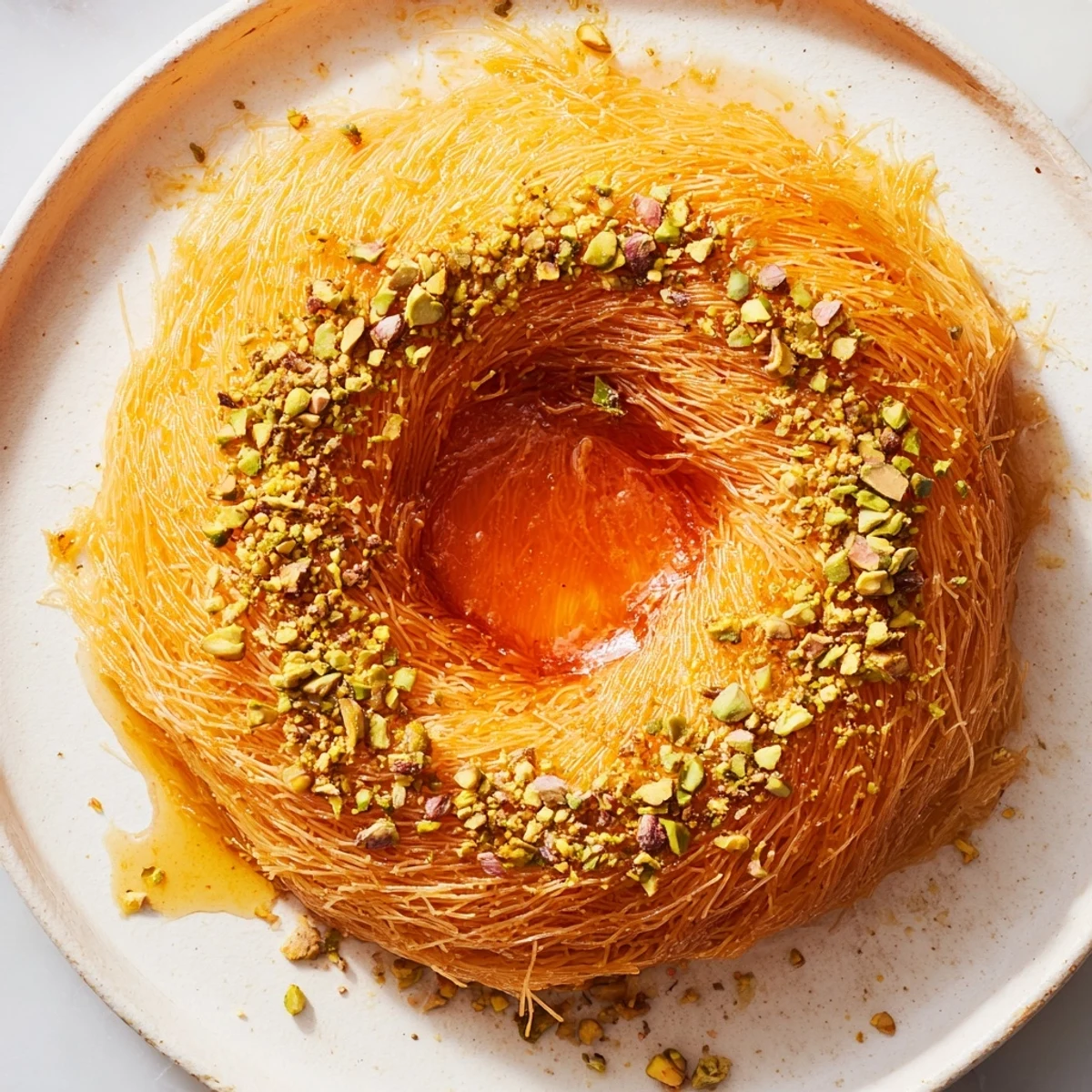 Freshly baked Lebanese Knafeh oozing with sweet cheese, drizzled with honey, and sprinkled with pistachios.