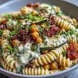 Der nahrhafte Chickpea Pasta Bowl präsentiert sich mit goldbraunen Zucchini und Paprika, übergossen mit würziger Sesamsauce.