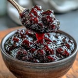 Thick, ruby-hued black currant reduction with a swirl of butter, spooned beside slices of charcuterie on a wooden board.