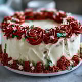 Festlicher Abschlussboden mit Buttercremerosen, dekoriert mit farbenfrohen Blüten und Blättern.  