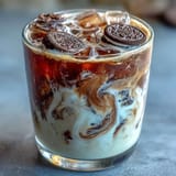 Cookies and Cream Cold Brew mit Schokoladenkeksen und cremiger Milch in hohen Gläsern, dekoriert mit Schlagsahne und Keksbröseln.