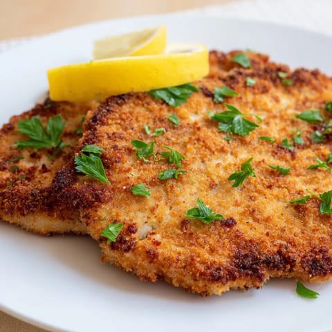 Image of perfectly air-fried Wiener Schnitzel, showcasing its golden, breaded crust and tender veal.