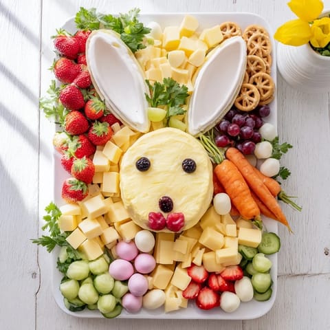 A close-up of a festive Bunny Ears Easter board with cheeses, carrots, and sweet Easter treats galore.