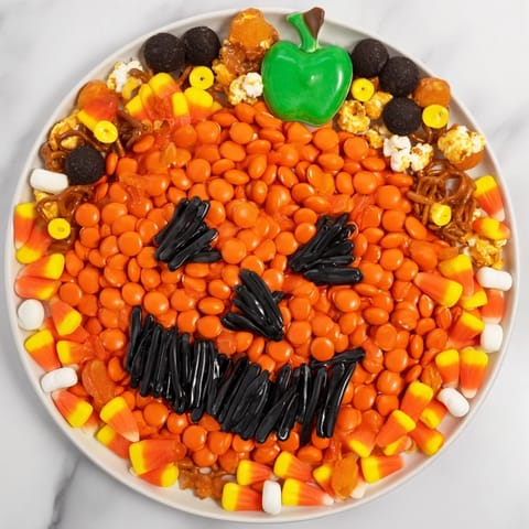 This Jack-o-Lantern Candy Board showcases a festive candy platter, perfect for any Halloween party treat.