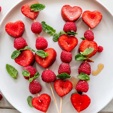 Close-up of heart-shaped strawberries, watermelon, and raspberries on skewers, a colorful fruit skewer recipe.