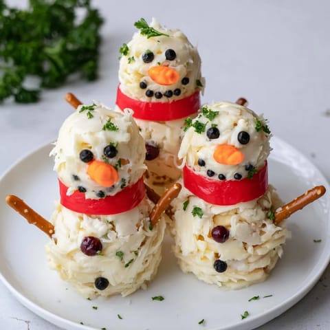 Delicious Snowman Cheese Ball Trio ready to serve, featuring creamy cheese shaped like snowmen.
