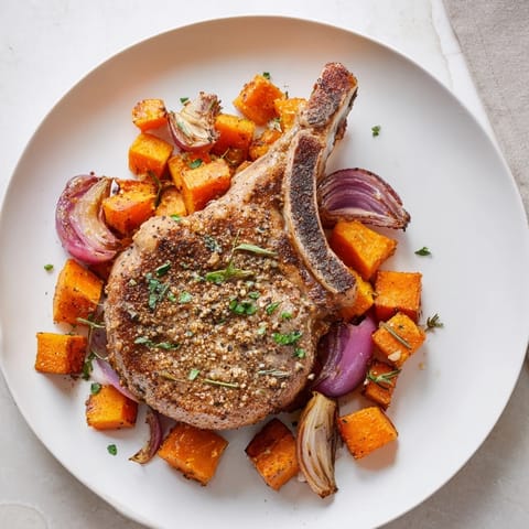 Saftige Schweinekoteletts geröstet Gemüse