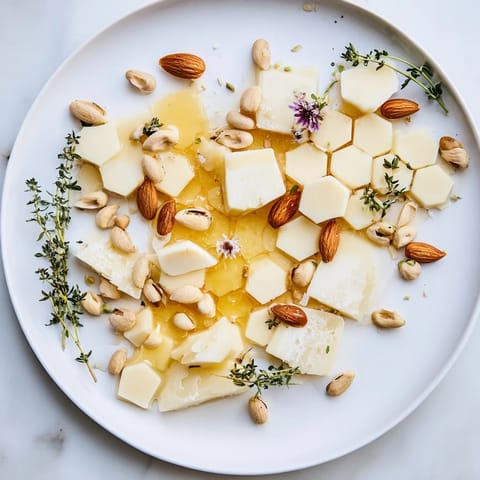 A visually stunning Honeycomb Hexagon Maze appetizer: hexagonal cheeses, nuts, and drizzled honey—a gourmet delight.