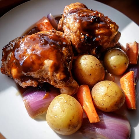 Tender Maple Dijon Chicken Thighs with roasted vegetables, a delicious one-pan weeknight dinner idea.