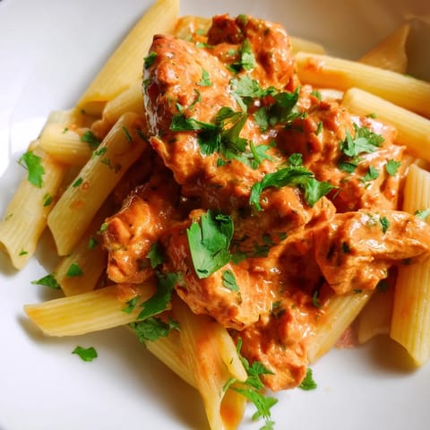 A vibrant bowl of Chicken Tikka Pasta, featuring juicy roasted chicken and a rich, spiced fusion sauce.