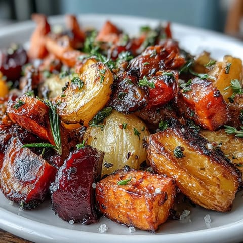 Buntes Medley aus geröstetem Wurzelgemüse, perfekt als Beilage oder Hauptgericht.