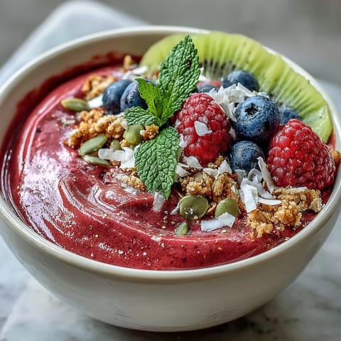 Im Beet-und-Beeren-Smoothie-Bowl glänzen leuchtende Früchte über cremiger Smoothie-Basis mit herbstlichen Noten und erdigem Beet-Aroma.