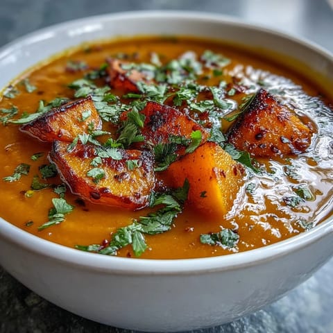 Cremige Butternut Squash und Linsen Suppe dampft in einem Topf, bereit zum Servieren.