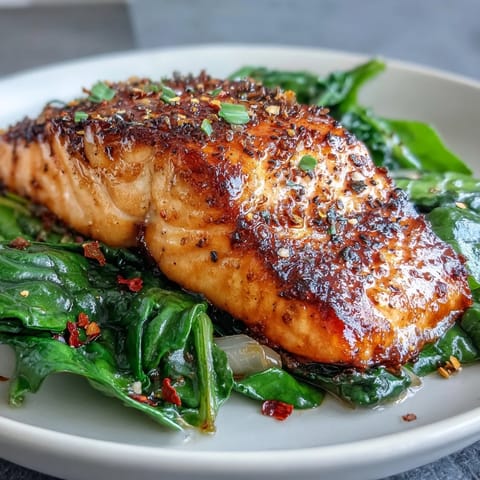 Perfectly cooked Air Fryer Salmon and Swiss Chard plated beside a glass of white wine.