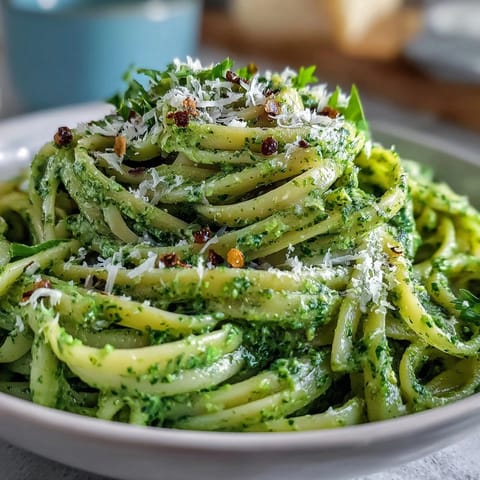 Eine Schüssel Linguine with Arugula Pesto mit gerösteten Kirschtomaten und Parmesan, serviert auf Holz.