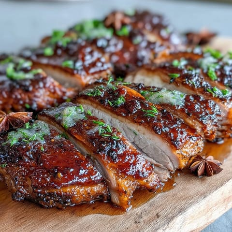 Ein würziger Five-Spice Roast Ducks, goldbraun gebraten und mit saftigem Fleisch, serviert mit aromatischen Apfelsinenzesten und Sternanis für eine feine Note.